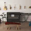 Assorted Musical Instruments and Art Supplies Featuring Guitars Piano Drum Set Saxophone and Trumpet
