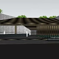 Modern Entrance Gate Design With Marble Walls Canopy And Green Plants