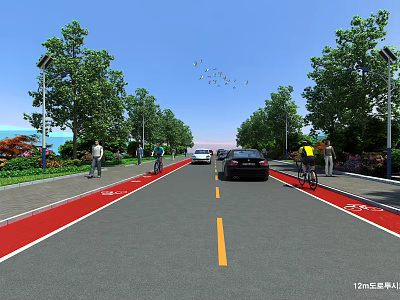 Urban Road Infrastructure With Red Bike Lanes Trees Pedestrians And Street Lights 3d model