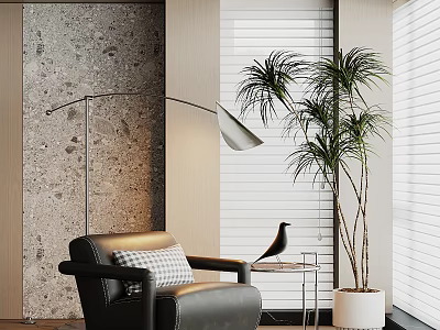 Black Single Sofa With Checkered Cushion Stone Wall Floor Lamp Green Plant And Window Blinds 3d model