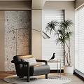 Black Single Sofa With Checkered Cushion Stone Wall Floor Lamp Green Plant And Window Blinds