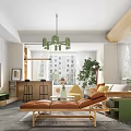 Modern Dining and Living Room Interior With Green Chandelier Sofa Yellow Chair And Coffee Table