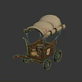 Vintage Wooden Carriage with Pink Canopy Blue Supports and Blue Wheels Carrying Items Inside