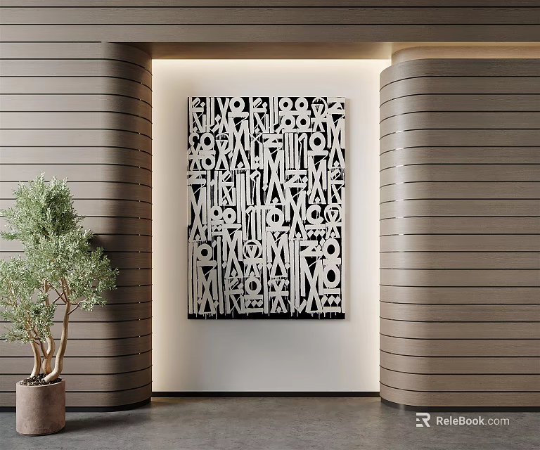 Black White Geometric Painting In Modern Interior With Wooden Wall Panels And Green Plant 3d model 