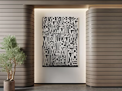 Black White Geometric Painting In Modern Interior With Wooden Wall Panels And Green Plant 3d model
