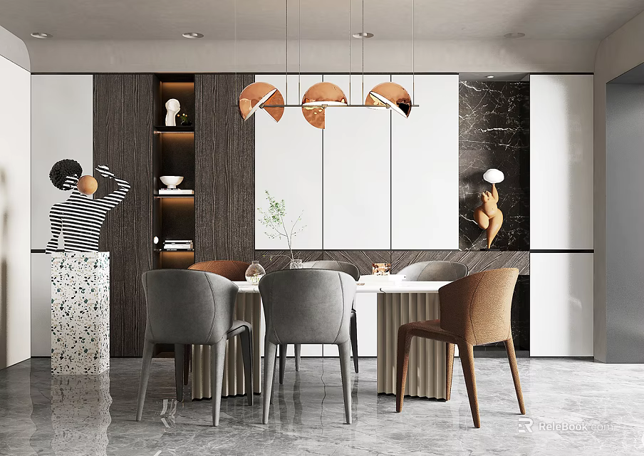 Modern Restaurant Interior With Dining Table Chairs Pendant Lights And Wall Decor 3d model