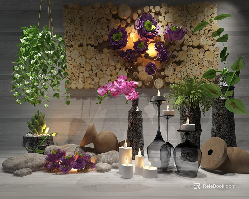 Natural Decorative Ornament Set with Hanging Plants Wooden Wall Decor Flowers Candles Glass Vases Stones 3d model 