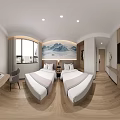 Modern Hotel Room With Twin Beds Wooden Flooring Mountain Landscape Art And Work Desk Setup