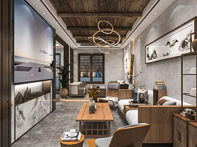Hotel Public Lounge Area With Wooden Ceiling Circular Chandelier Sofas Coffee Table And Decorative Paintings 3d model