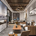 Hotel Public Lounge Area With Wooden Ceiling Circular Chandelier Sofas Coffee Table And Decorative Paintings