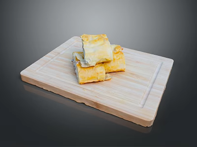 Golden Pastry Pieces Stacked On Wooden Cutting Board For Serving 3d model