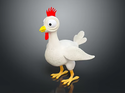 White Chicken Toy With Red Comb Yellow Beak And Yellow Feet On Dark Background 3d model