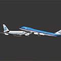 Blue and White Model Passenger Airplanes in Top View on Black Reflective Background