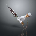White Hand Holding Ornate Sword With Golden Accents Black Details And Chain