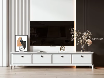 White TV Stand with Drawers Flat Screen TV and Decorative Vase Artwork on Striped Wall 3d model