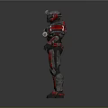 Futuristic Human Character In Red Black Mechanical Armor With Metallic Details