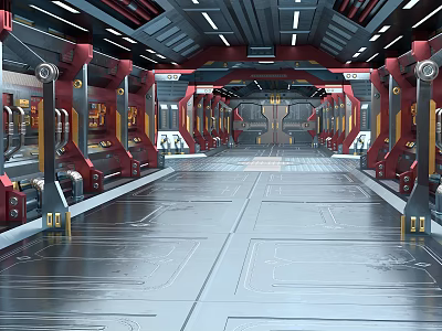 Futuristic Space Station Corridor Interior With Metallic Frames Glowing Lights And Tech Panels 3d model