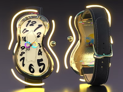 Unique Shaped Clock With Neon Lights And Leather Strap 3d model