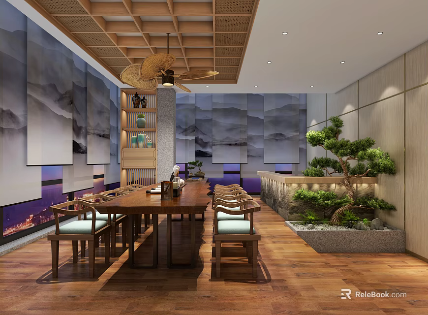 Traditional Chinese Private Room With Long Dining Table Wooden Decor Landscape Paintings And Green Plants 3d model 