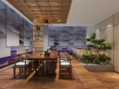 Traditional Chinese Private Room With Long Dining Table Wooden Decor Landscape Paintings And Green Plants 3d model