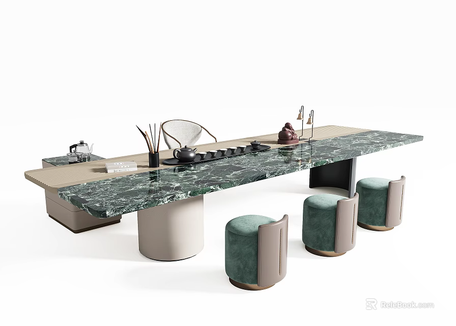 Modern Tea Table And Chairs With Marble Top Green Upholstered Stools And Tea Sets 3d model 