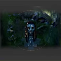 Blue Skinned Character with Yellow Eyes and Feather Adornments in Lush Green Jungle Setting