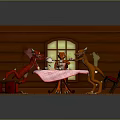Three Animal Game Characters Gathering Around Round Table With Checkered Cloth Wooden Wall And Window