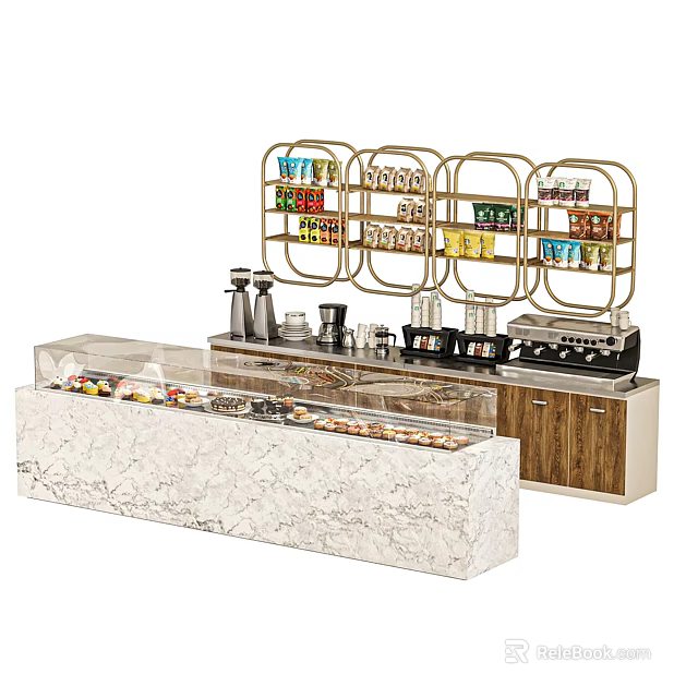 Modern Coffee Table With Marble Surface And Coffee Shop Display Shelves 3d model 