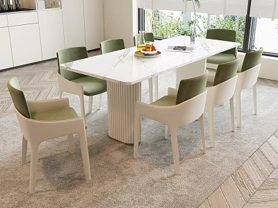 Modern White Dining Table Set With Six Green Chairs And Fruit Platter In Contemporary Room 3d model