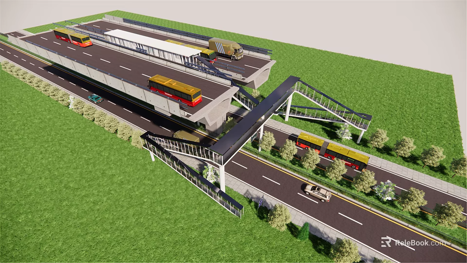 Multi Level Transportation Hub With Buses Cars Overpass And Green Surroundings 3d model 