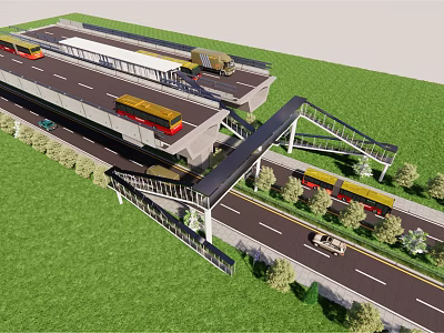 Multi Level Transportation Hub With Buses Cars Overpass And Green Surroundings 3d model