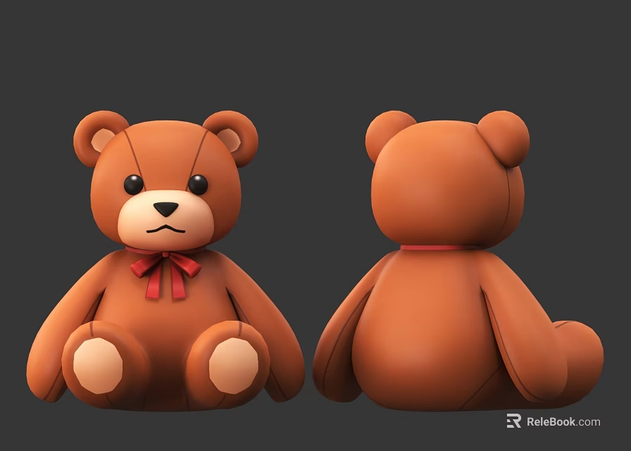 Brown Teddy Bear Stuffed Toy With Red Bow Front And Back View 3d model 