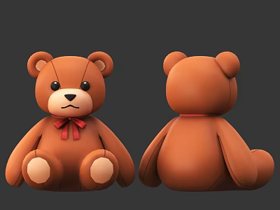 Brown Teddy Bear Stuffed Toy With Red Bow Front And Back View 3d model
