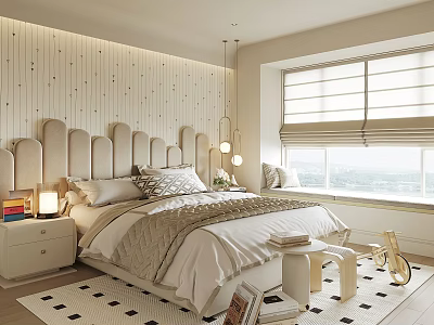 Kids Room Decor With Wood Panel Wall Upholstered Headboard Checkered Rug Toys And Bright Window 3d model
