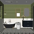 Stylish Bathroom With Green Tiled Walls Black Vanity White Bathtub Mirror And Patterned Floor Tiles