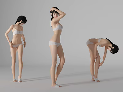 Three Women In White Lingerie Showing Different Poses Against Grey Background 3d model