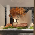 Modern Courtyard Garden Design With Autumn Colored Tree Large Rocks Pebbles And Lighting