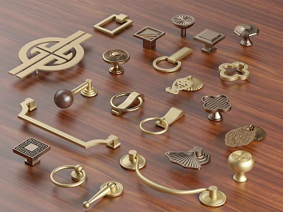 Brass Handles In Various Styles Displayed On Wooden Background Surface 3d model