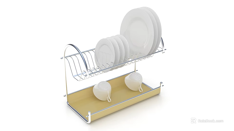 Sturdy Metal Dish Drying Rack With Stacked White Plates And Ceramic Cups On Yellow Tray 3d model 