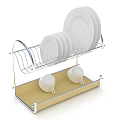 Sturdy Metal Dish Drying Rack With Stacked White Plates And Ceramic Cups On Yellow Tray