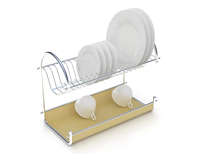 Sturdy Metal Dish Drying Rack With Stacked White Plates And Ceramic Cups On Yellow Tray 3d model
