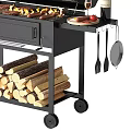 Outdoor Black Grill with Burgers Sausages and Bread Wine Bottle Firewood and Cooking Utensils