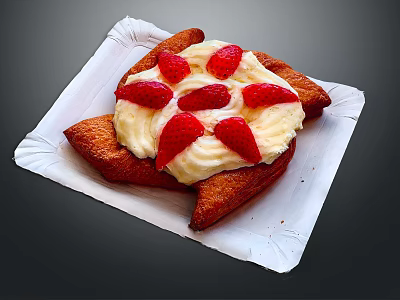 Fried Pastry With Cream Filling And Fresh Strawberries On Paper Plate 3d model