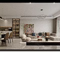 Modern Living Dining Room Interior With Large TV Sofa Dining Table And Pendant Lights