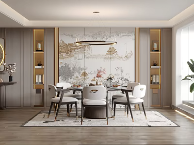 Elegant Chinese Restaurant Interior With Landscape Painting Chandelier Dining Table Chairs Decorative Shelves And Rug 3d model