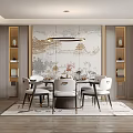 Elegant Chinese Restaurant Interior With Landscape Painting Chandelier Dining Table Chairs Decorative Shelves And Rug
