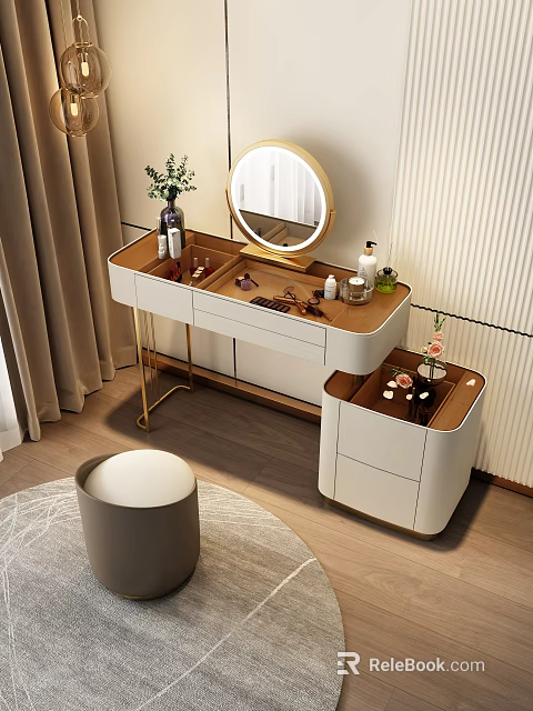 Modern Dressing Table With Gold Frame Wooden Top Round Mirror Cosmetics And Padded Stool 3d model 