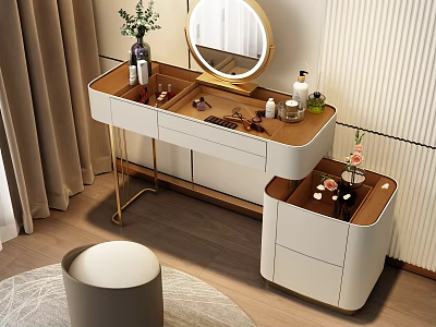 Modern Dressing Table With Gold Frame Wooden Top Round Mirror Cosmetics And Padded Stool 3d model