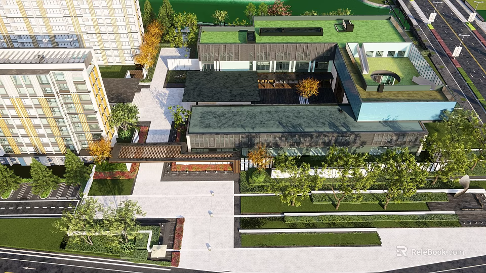 Modern Feature Wall in Landscape Design with Green Roofs Trees and Walkways 3d model 