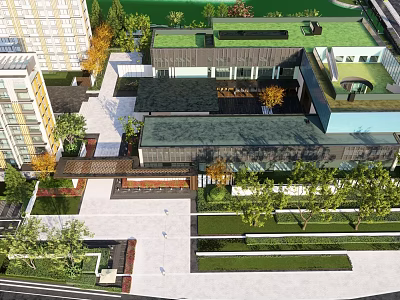 Modern Feature Wall in Landscape Design with Green Roofs Trees and Walkways 3d model